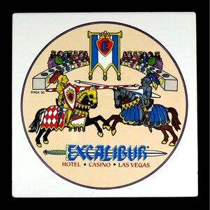Excalibur Las Vegas Tile – 1990 King Arthur Jousting Scene, Cork Back, Vintage